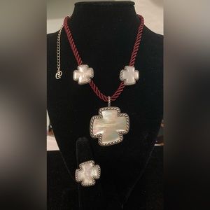Carolyn Pollack Mother-Of-Pearl Silver Cross Necklace, Ring, & Clip Earring Set